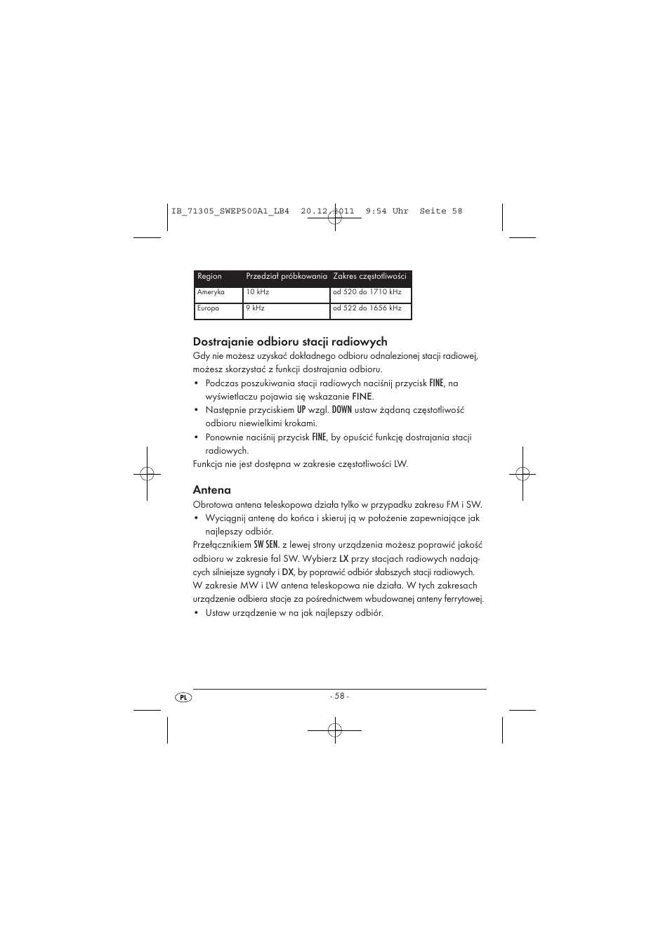 Dostrajanie odbioru stacji radiowych, Antena, Fine | Down, Sw sen | Silvercrest SWEP 500 A1 User Manual | Page 60 / 226