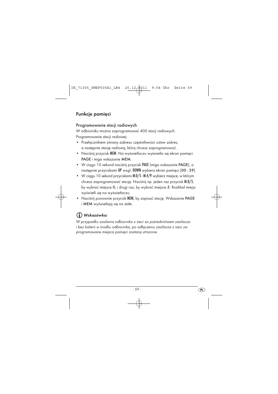 Funkcje pamięci | Silvercrest SWEP 500 A1 User Manual | Page 61 / 226