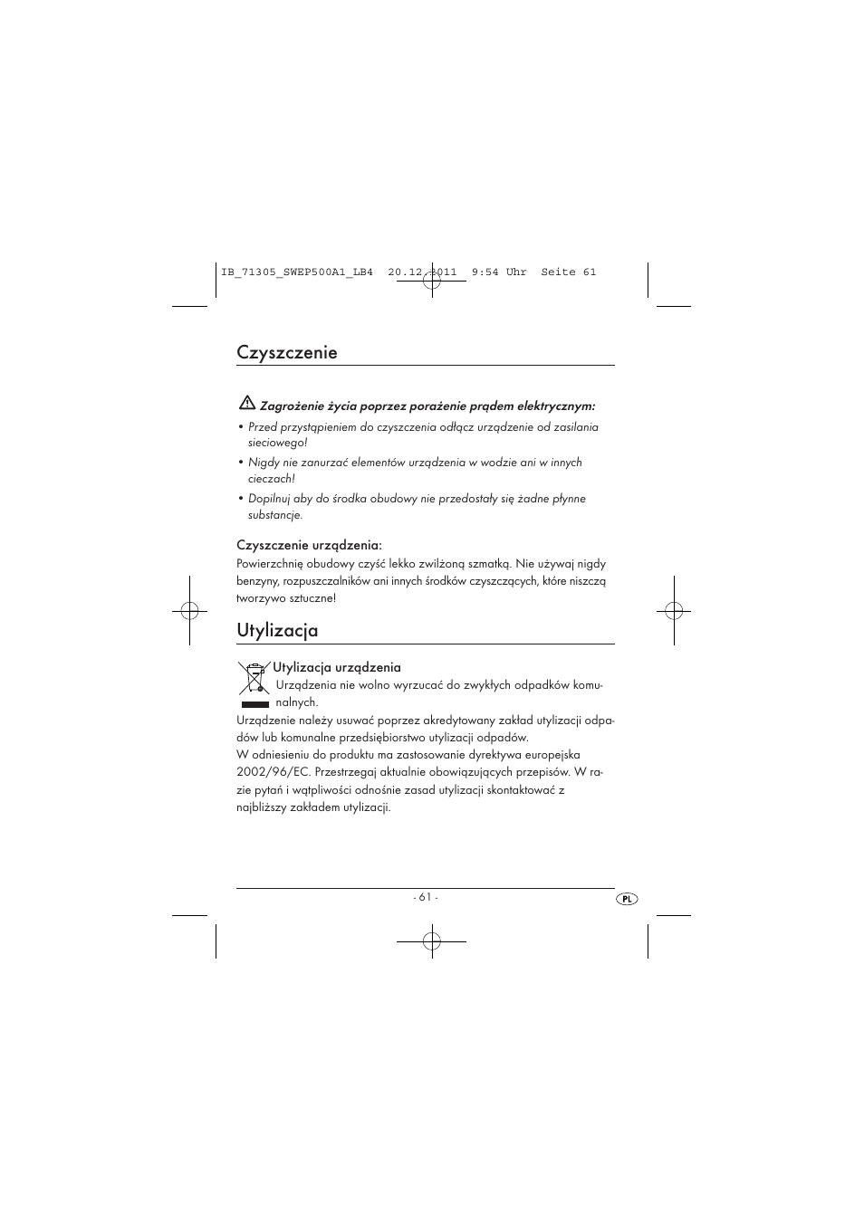 Czyszczenie, Utylizacja | Silvercrest SWEP 500 A1 User Manual | Page 63 / 226