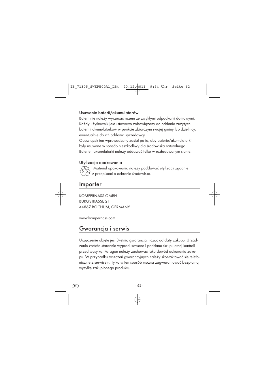 Importer, Gwarancja i serwis | Silvercrest SWEP 500 A1 User Manual | Page 64 / 226