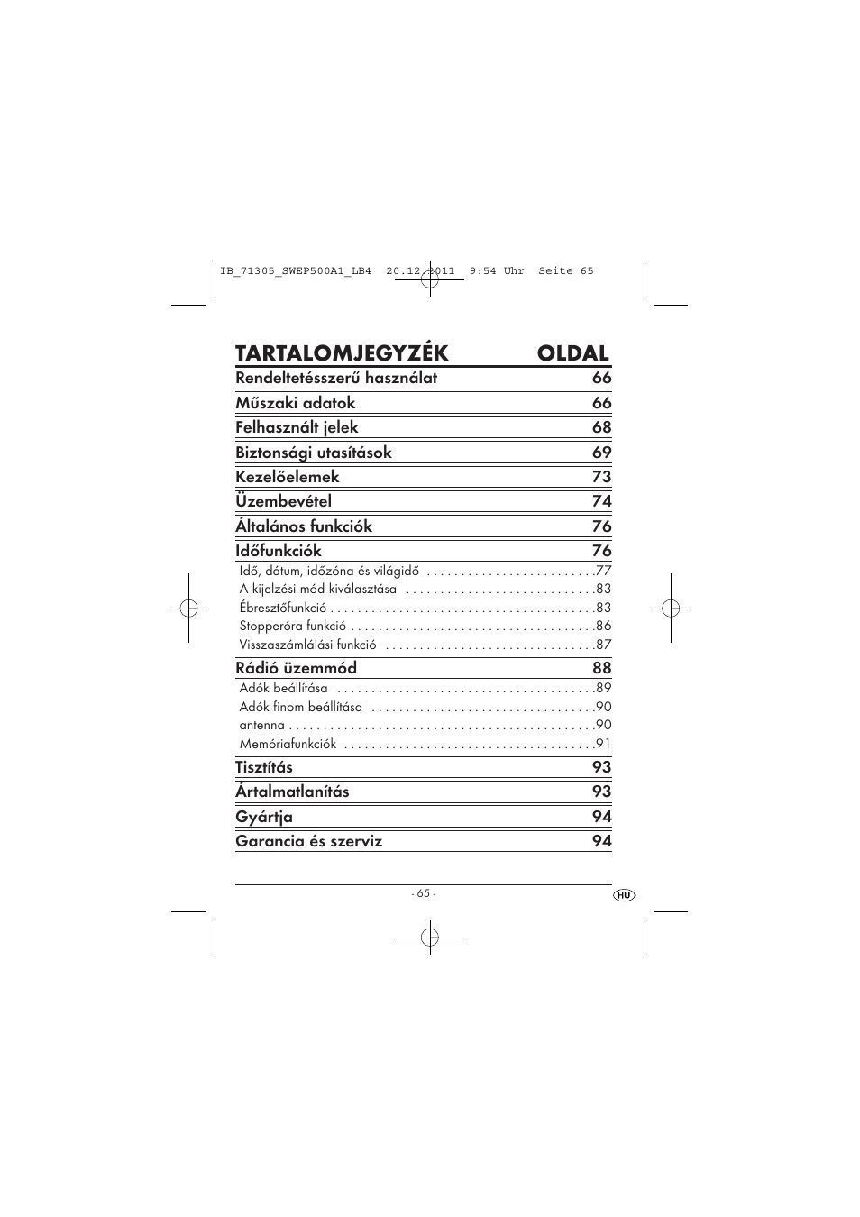 Tartalomjegyzék oldal | Silvercrest SWEP 500 A1 User Manual | Page 67 / 226