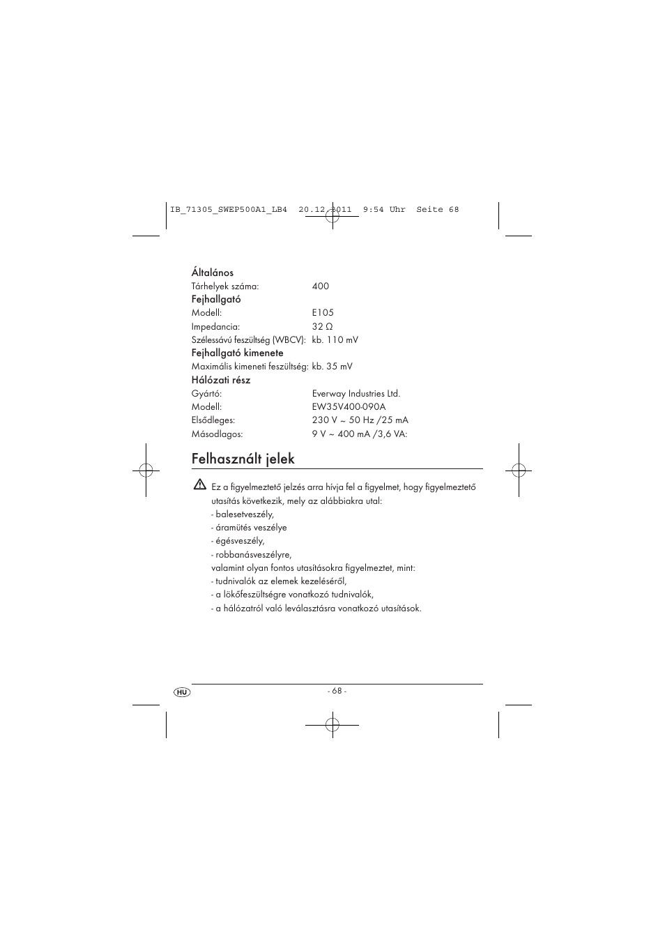 Felhasznált jelek | Silvercrest SWEP 500 A1 User Manual | Page 70 / 226