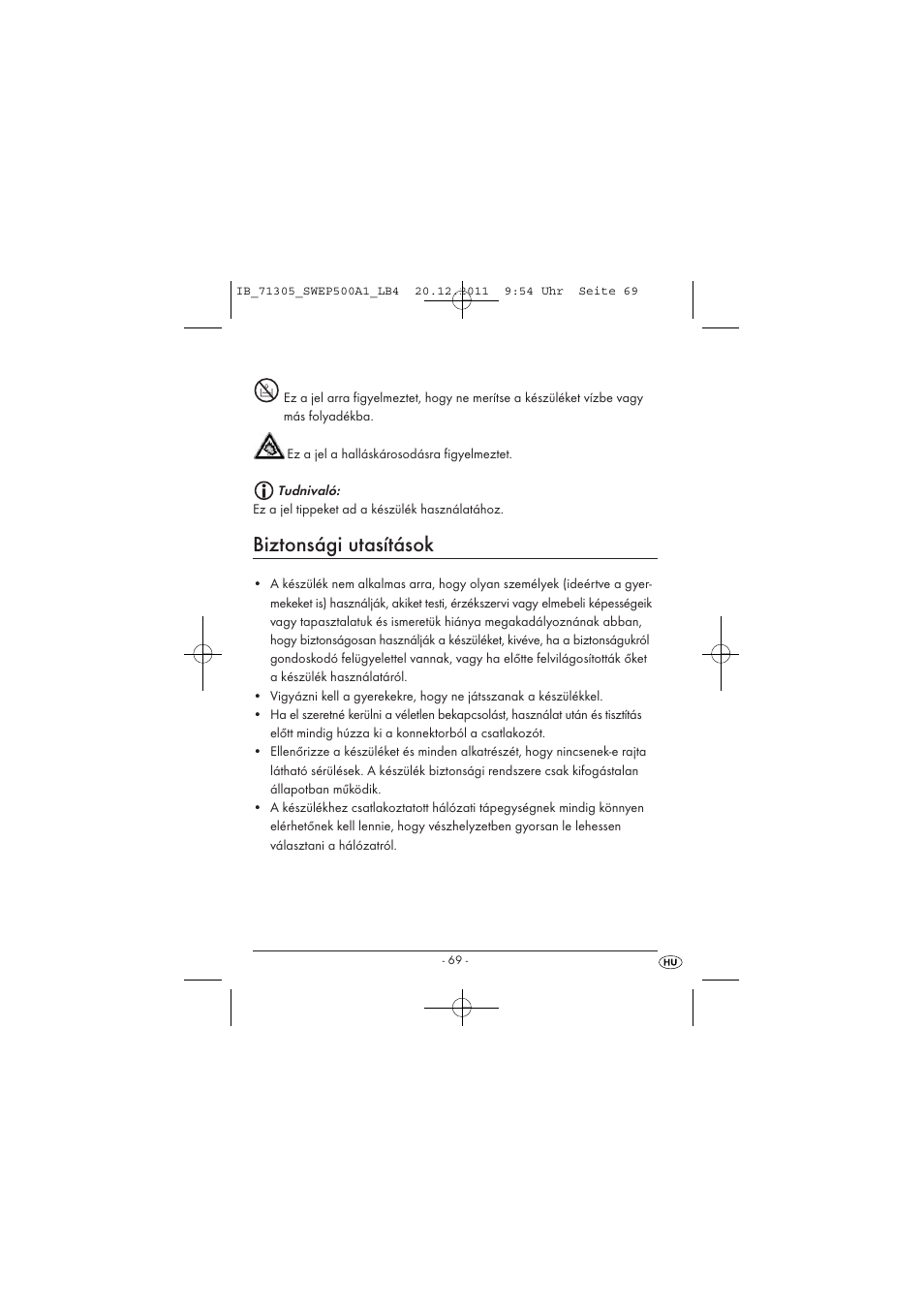 Biztonsági utasítások | Silvercrest SWEP 500 A1 User Manual | Page 71 / 226