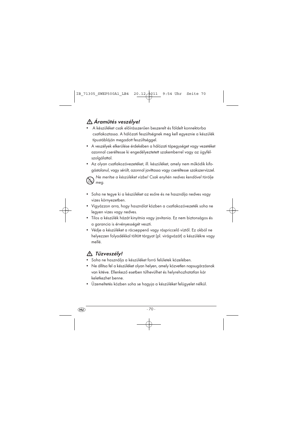 Áramütés veszélye, Tűzveszély | Silvercrest SWEP 500 A1 User Manual | Page 72 / 226