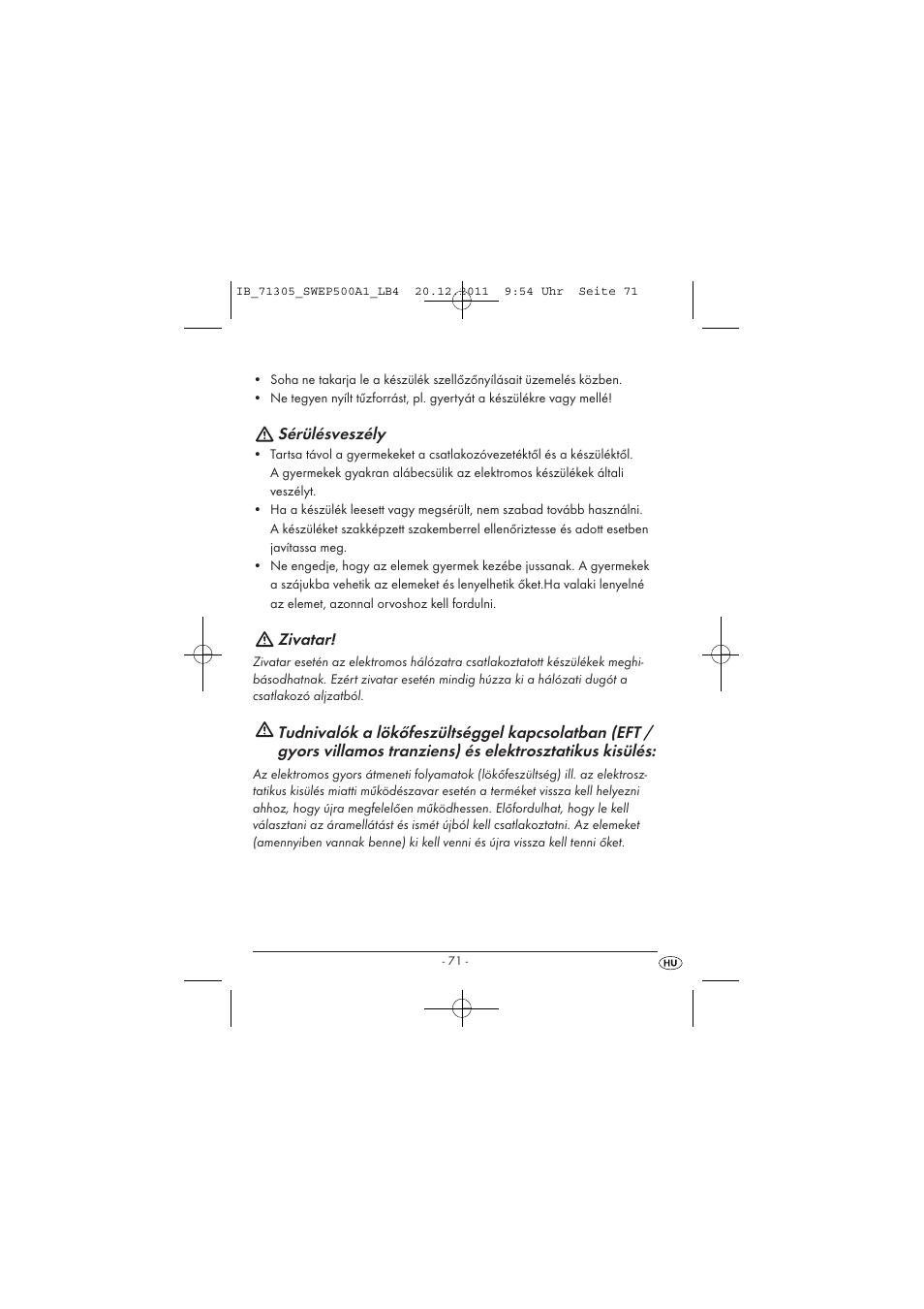 Sérülésveszély, Zivatar | Silvercrest SWEP 500 A1 User Manual | Page 73 / 226