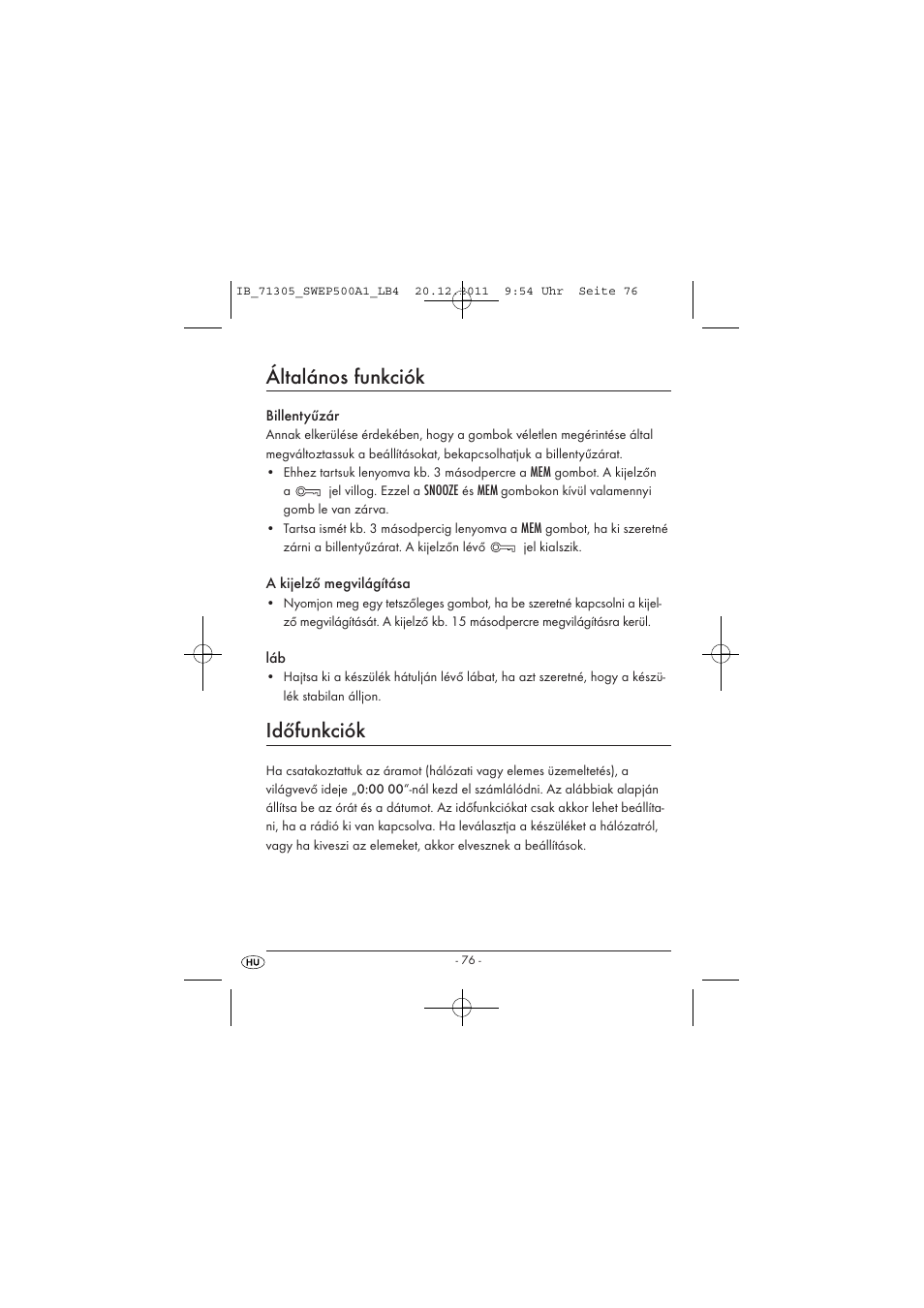 Általános funkciók, Időfunkciók | Silvercrest SWEP 500 A1 User Manual | Page 78 / 226