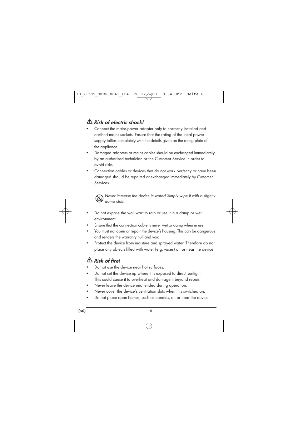 Risk of electric shock, Risk of fire | Silvercrest SWEP 500 A1 User Manual | Page 8 / 226