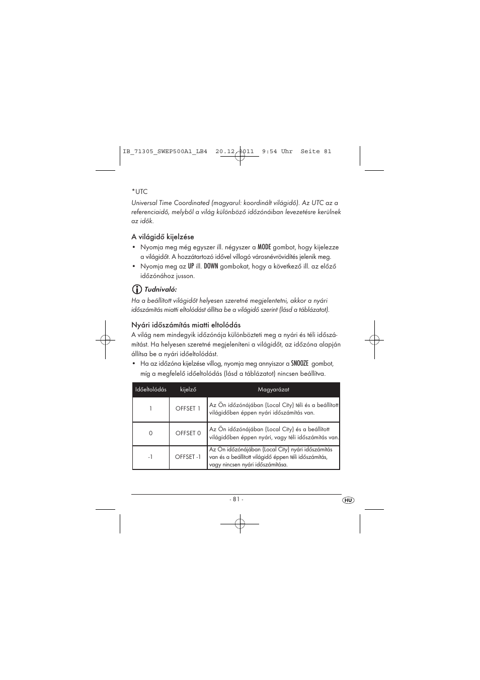 A világidő kijelzése, Mode, Down | Nyári időszámítás miatti eltolódás, Snooze | Silvercrest SWEP 500 A1 User Manual | Page 83 / 226