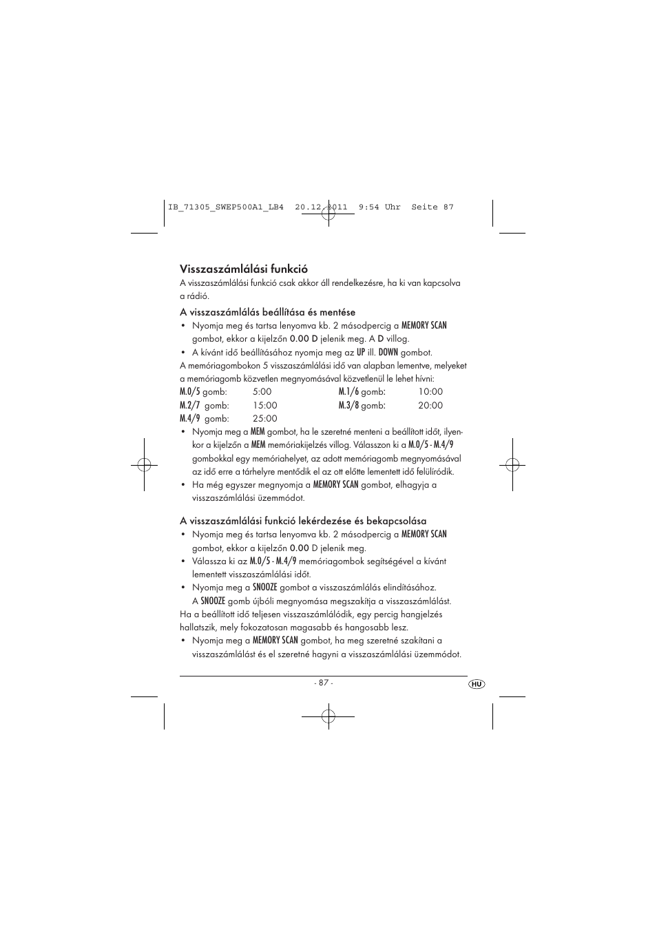 Visszaszámlálási funkció | Silvercrest SWEP 500 A1 User Manual | Page 89 / 226