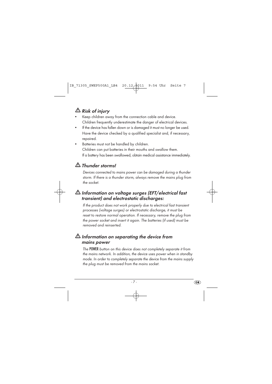 Risk of injury, Thunder storms | Silvercrest SWEP 500 A1 User Manual | Page 9 / 226