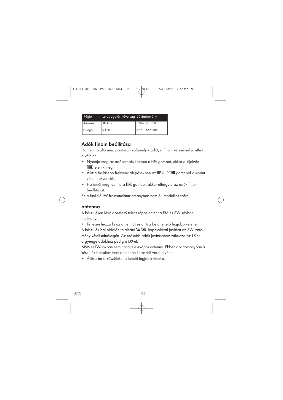 Adók finom beállítása, Antenna, Fine | Down, Sw sen | Silvercrest SWEP 500 A1 User Manual | Page 92 / 226