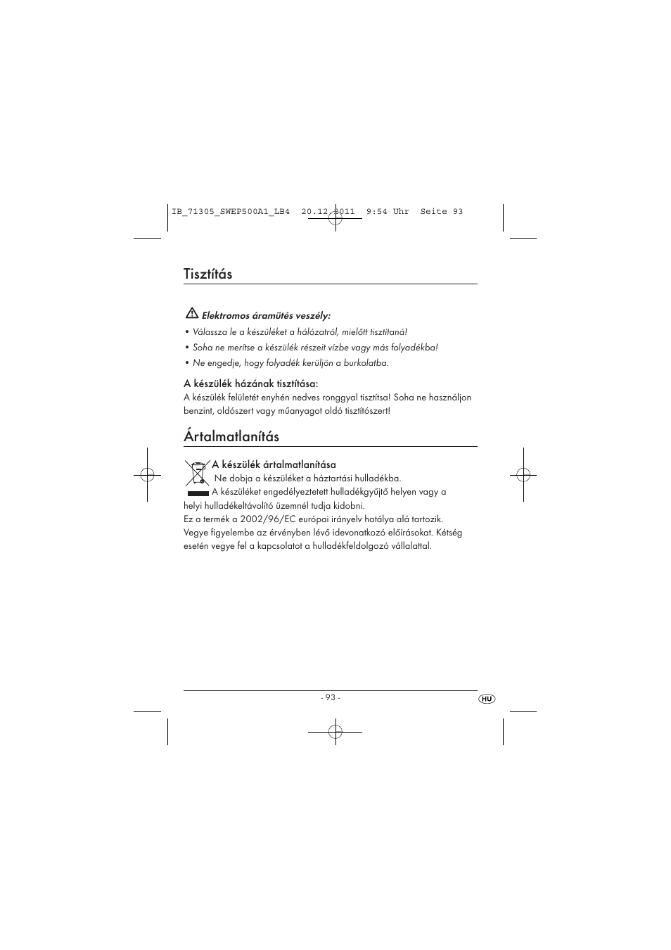 Tisztítás, Ártalmatlanítás | Silvercrest SWEP 500 A1 User Manual | Page 95 / 226