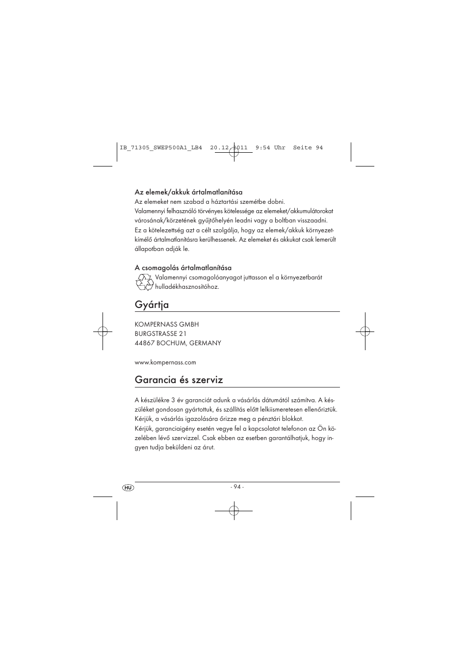 Gyártja, Garancia és szerviz | Silvercrest SWEP 500 A1 User Manual | Page 96 / 226