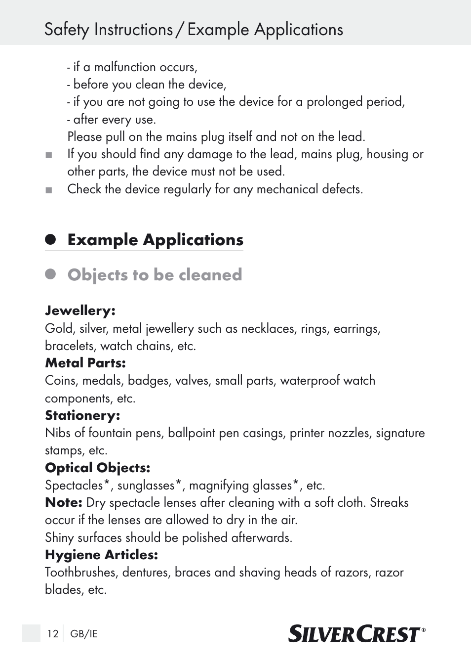 Safety instructions / example applications, Example applications, Objects to be cleaned | Silvercrest SUR 46 A1 User Manual | Page 12 / 25