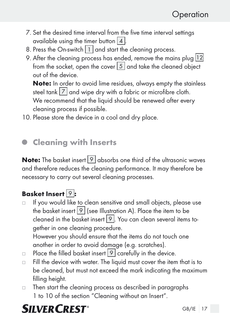 Operation, Cleaning with inserts | Silvercrest SUR 46 A1 User Manual | Page 17 / 25