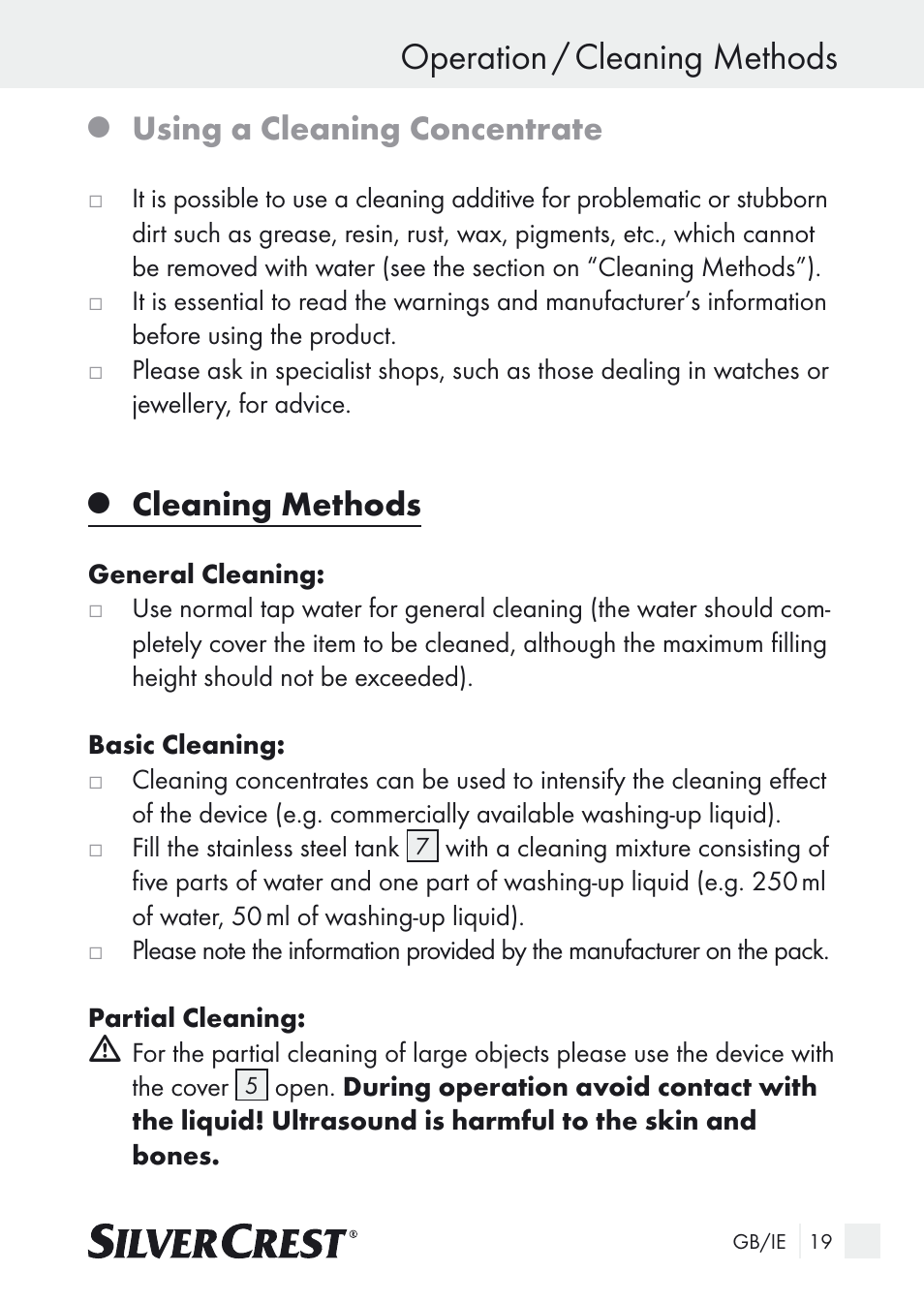 Operation / cleaning methods, Using a cleaning concentrate, Cleaning methods | Silvercrest SUR 46 A1 User Manual | Page 19 / 25