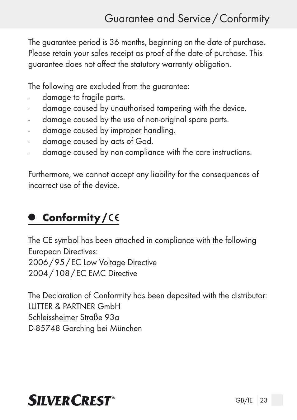 Guarantee and service / conformity, Conformity | Silvercrest SUR 46 A1 User Manual | Page 23 / 25