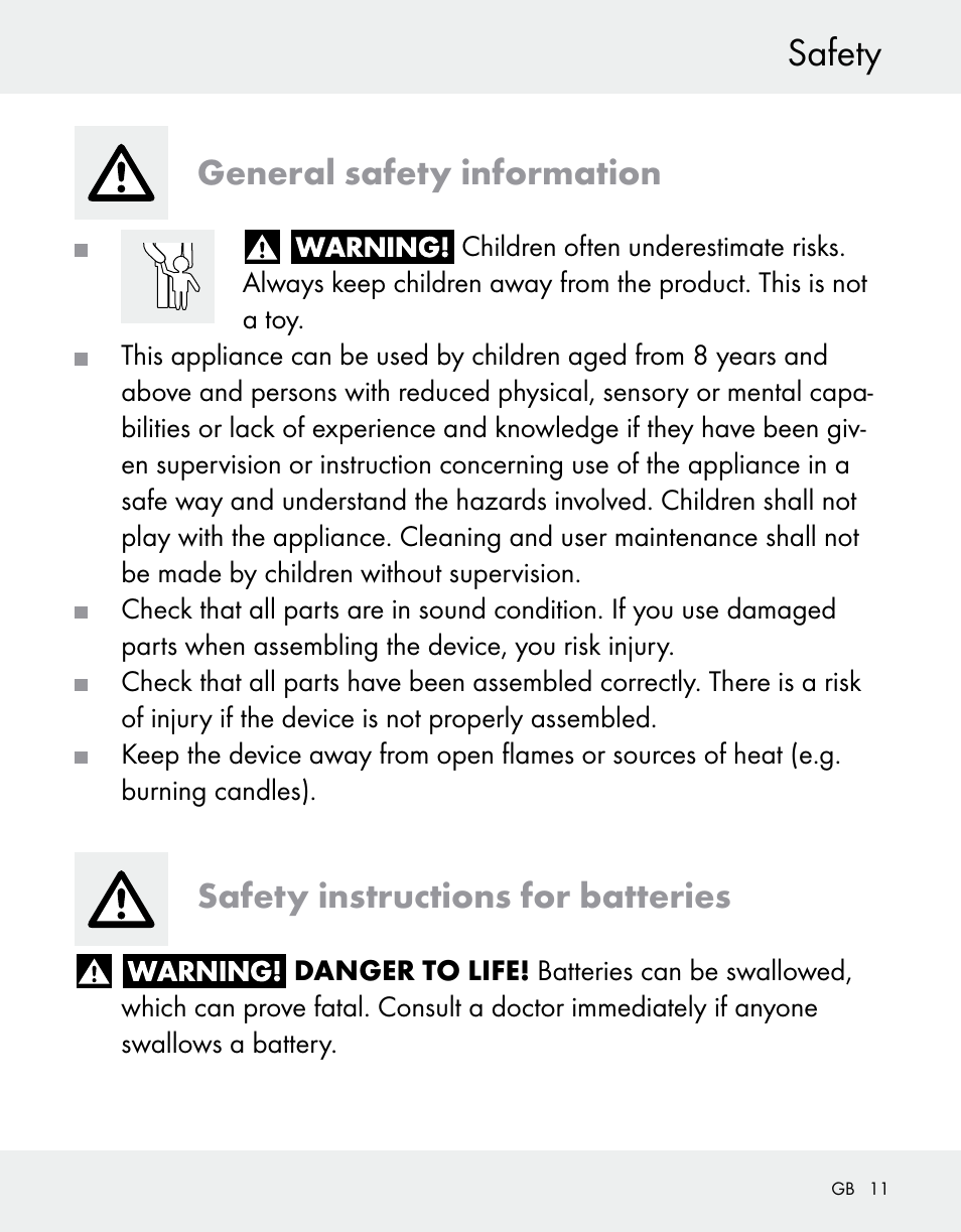 Safety, General safety information, Safety instructions for batteries | Silvercrest Z31370A/Z31370B User Manual | Page 11 / 100