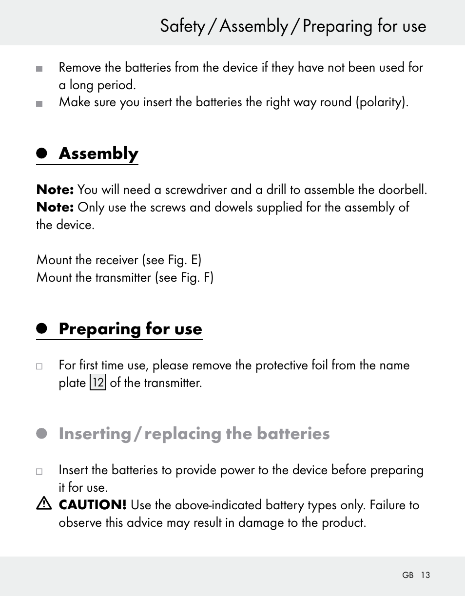 Safety / assembly / preparing for use, Assembly, Preparing for use | Inserting / replacing the batteries | Silvercrest Z31370A/Z31370B User Manual | Page 13 / 100