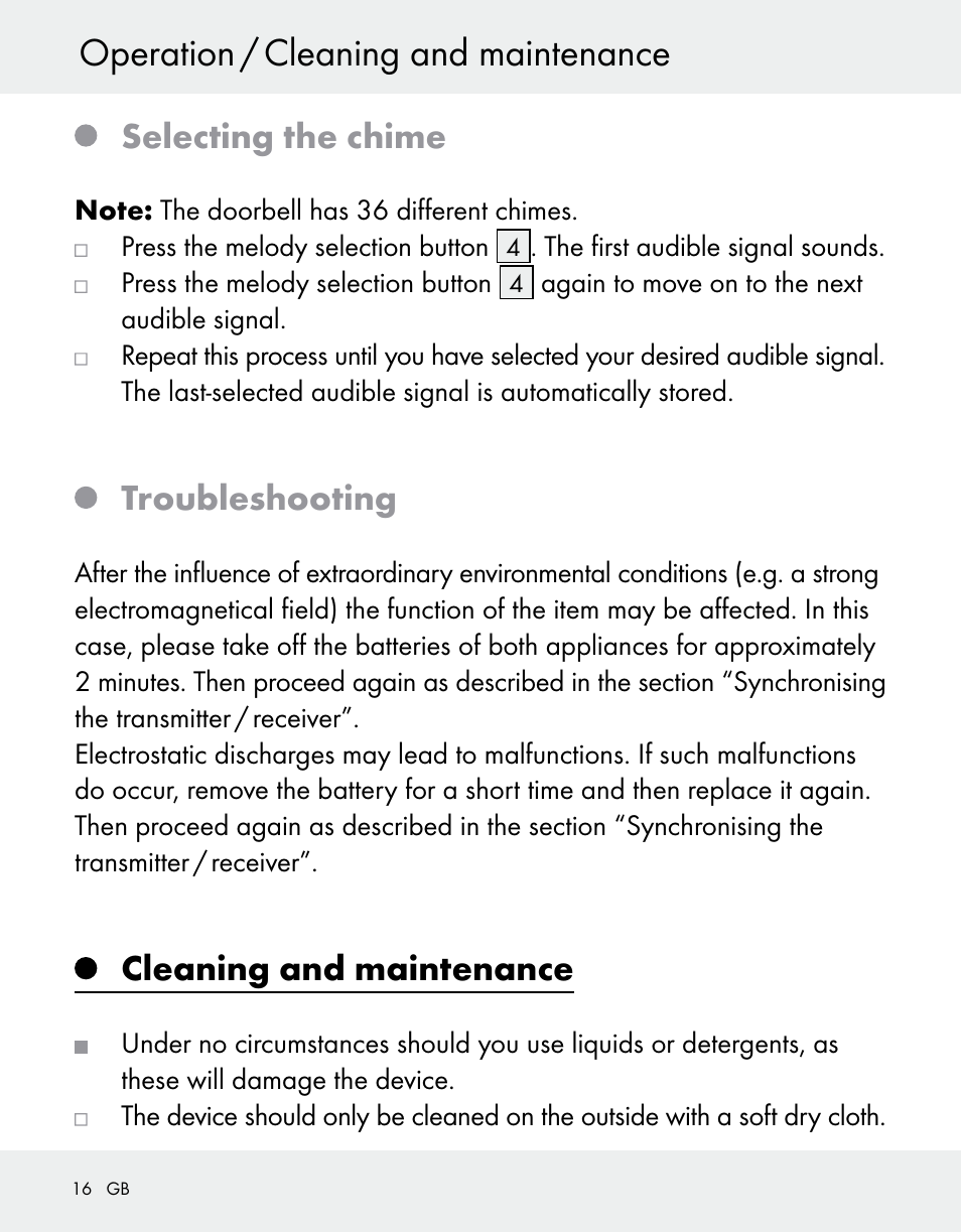 Operation / cleaning and maintenance, Selecting the chime, Troubleshooting | Cleaning and maintenance | Silvercrest Z31370A/Z31370B User Manual | Page 16 / 100