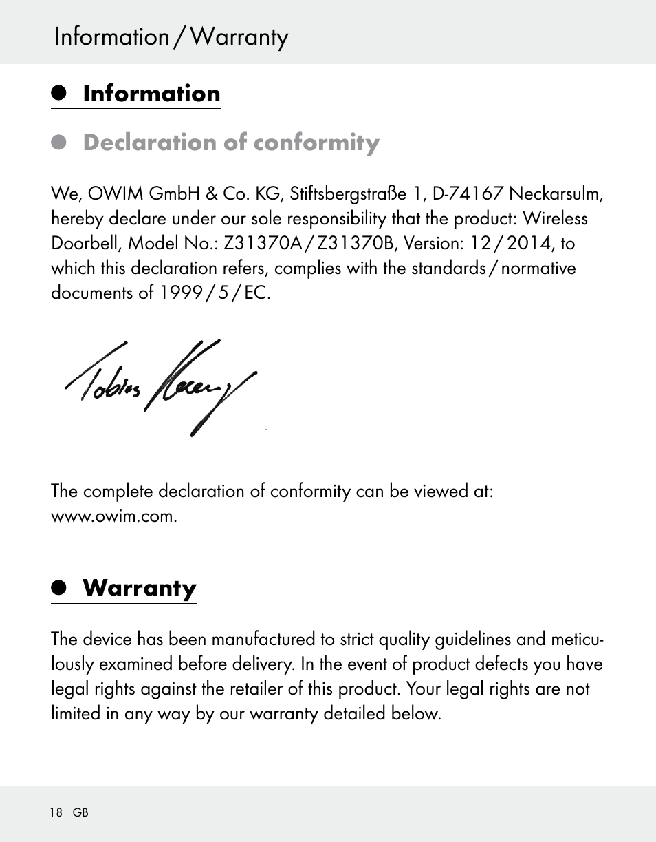 Information / warranty, Information declaration of conformity, Warranty | Silvercrest Z31370A/Z31370B User Manual | Page 18 / 100