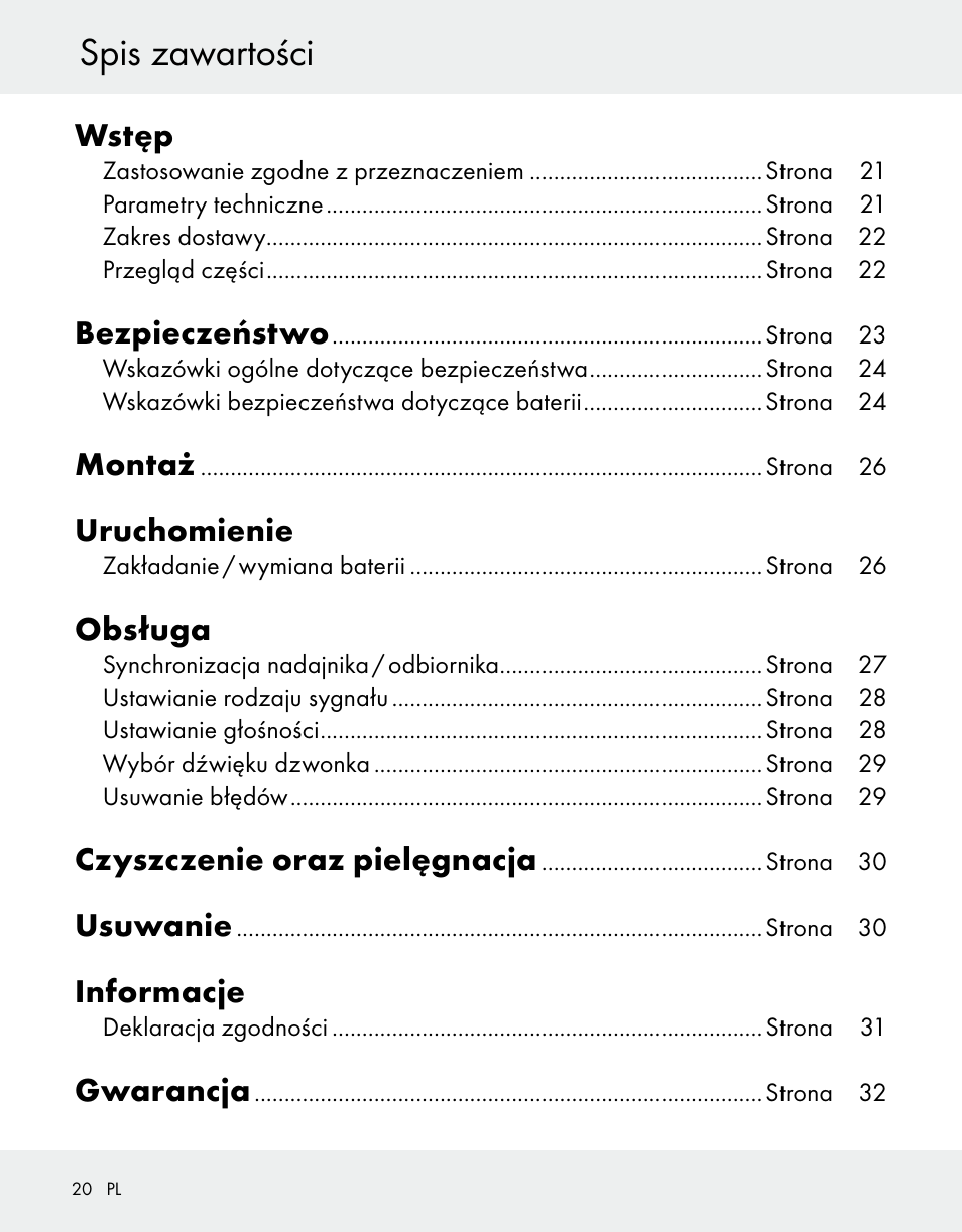 Spis zawartości, Wstęp, Bezpieczeństwo | Montaż, Uruchomienie, Obsługa, Czyszczenie oraz pielęgnacja, Usuwanie, Informacje, Gwarancja | Silvercrest Z31370A/Z31370B User Manual | Page 20 / 100