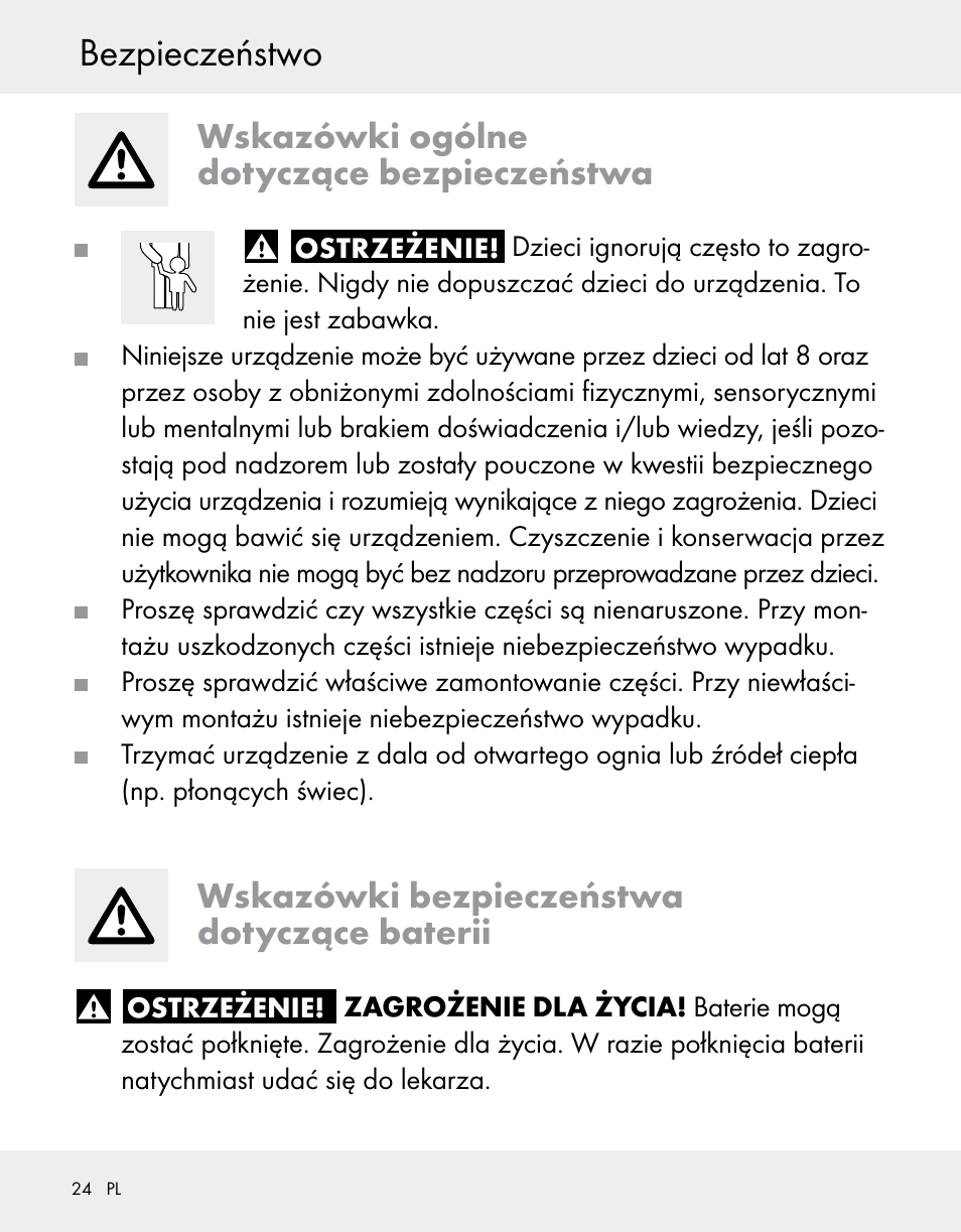 Bezpieczeństwo, Wskazówki ogólne dotyczące bezpieczeństwa, Wskazówki bezpieczeństwa dotyczące baterii | Silvercrest Z31370A/Z31370B User Manual | Page 24 / 100