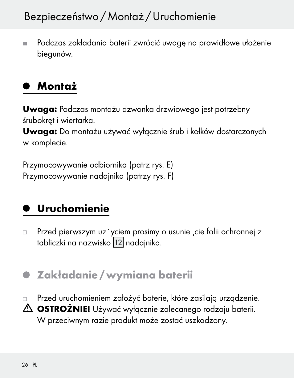 Bezpieczeństwo / montaż / uruchomienie, Montaż, Uruchomienie | Zakładanie / wymiana baterii | Silvercrest Z31370A/Z31370B User Manual | Page 26 / 100