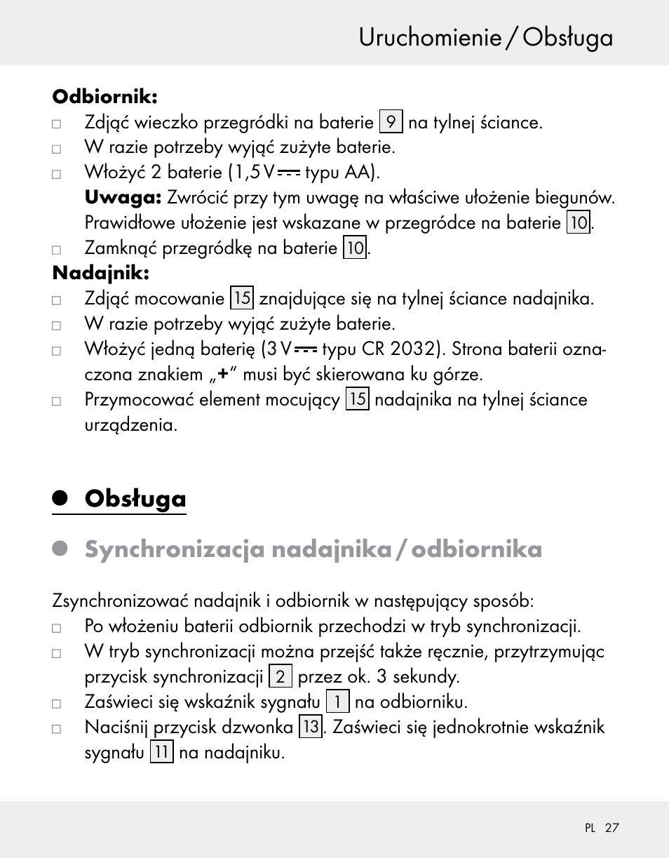 Uruchomienie / obsługa, Obsługa synchronizacja nadajnika / odbiornika | Silvercrest Z31370A/Z31370B User Manual | Page 27 / 100