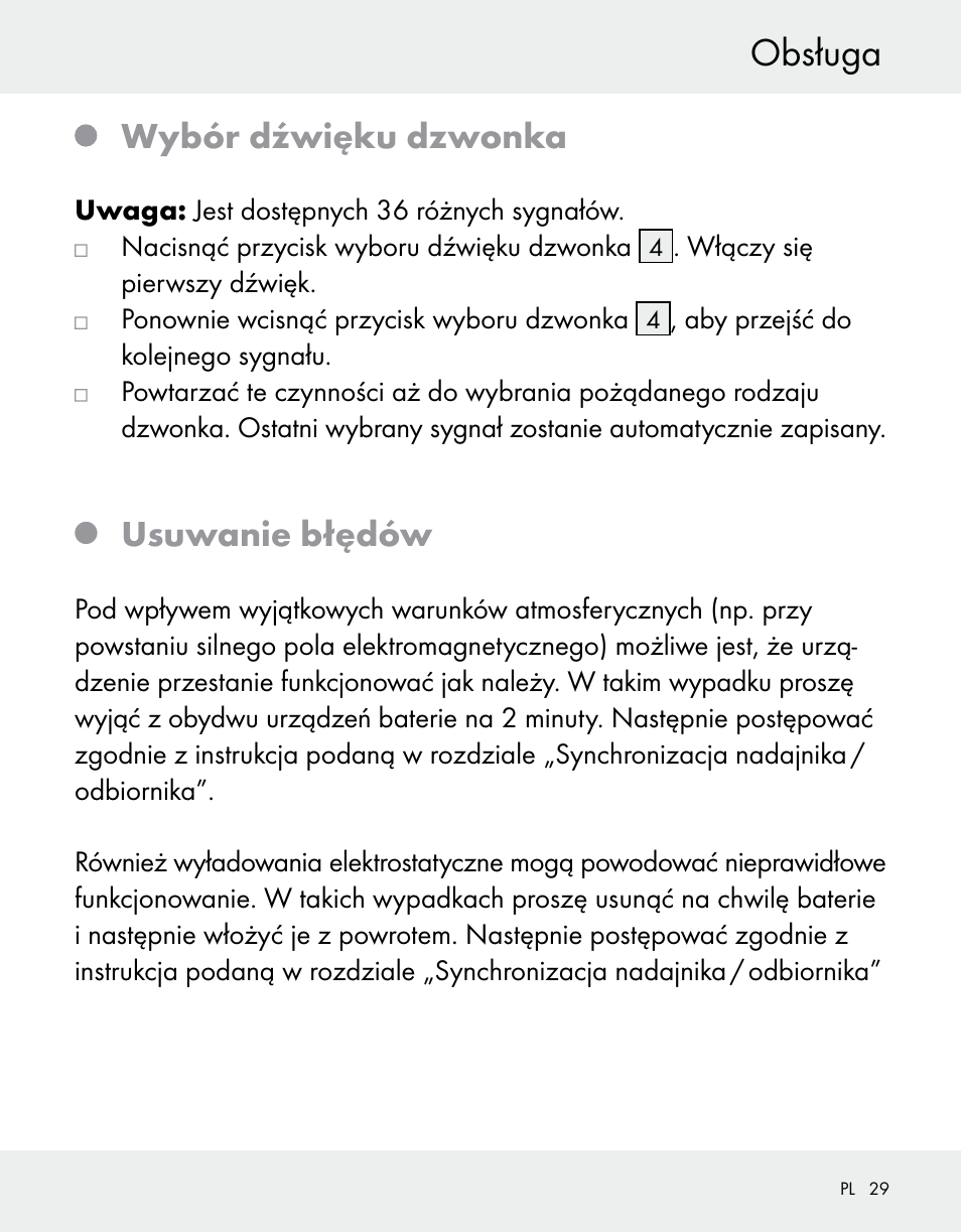 Obsługa, Wybór dźwięku dzwonka, Usuwanie błędów | Silvercrest Z31370A/Z31370B User Manual | Page 29 / 100