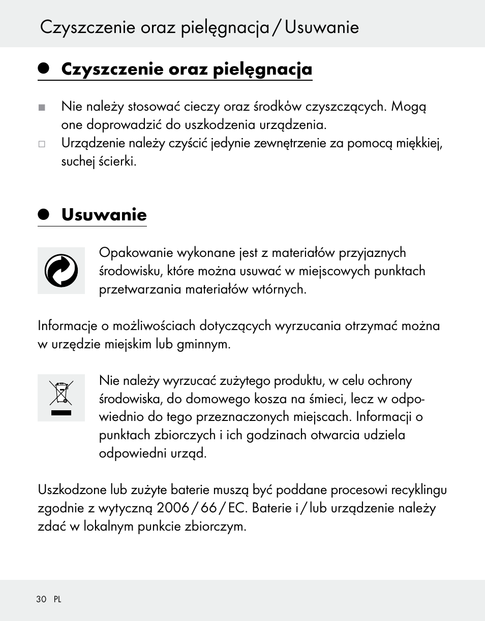 Czyszczenie oraz pielęgnacja / usuwanie, Czyszczenie oraz pielęgnacja, Usuwanie | Silvercrest Z31370A/Z31370B User Manual | Page 30 / 100