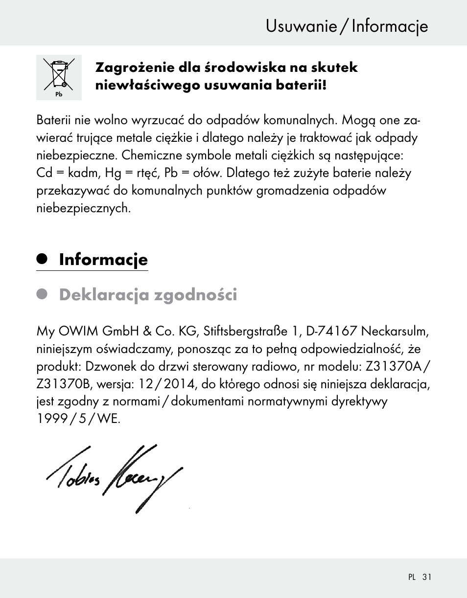 Usuwanie / informacje, Informacje, Deklaracja zgodności | Silvercrest Z31370A/Z31370B User Manual | Page 31 / 100