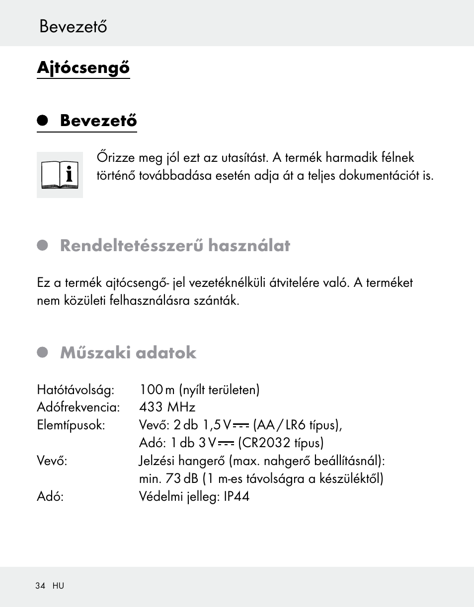 Ajtócsengő, Bevezető, Rendeltetésszerű használat | Műszaki adatok | Silvercrest Z31370A/Z31370B User Manual | Page 34 / 100