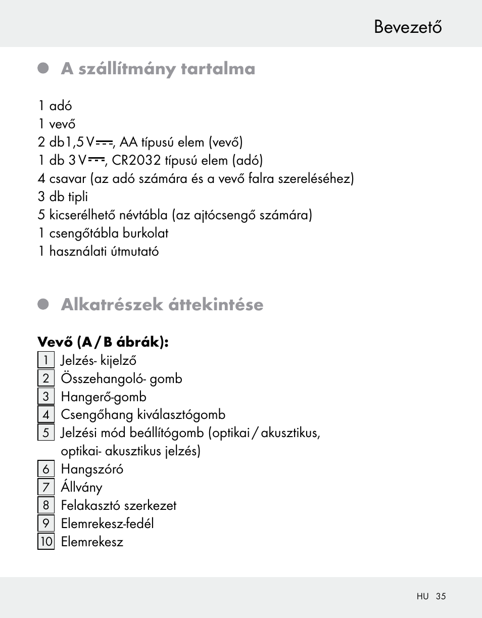 Bevezető, A szállítmány tartalma, Alkatrészek áttekintése | Silvercrest Z31370A/Z31370B User Manual | Page 35 / 100
