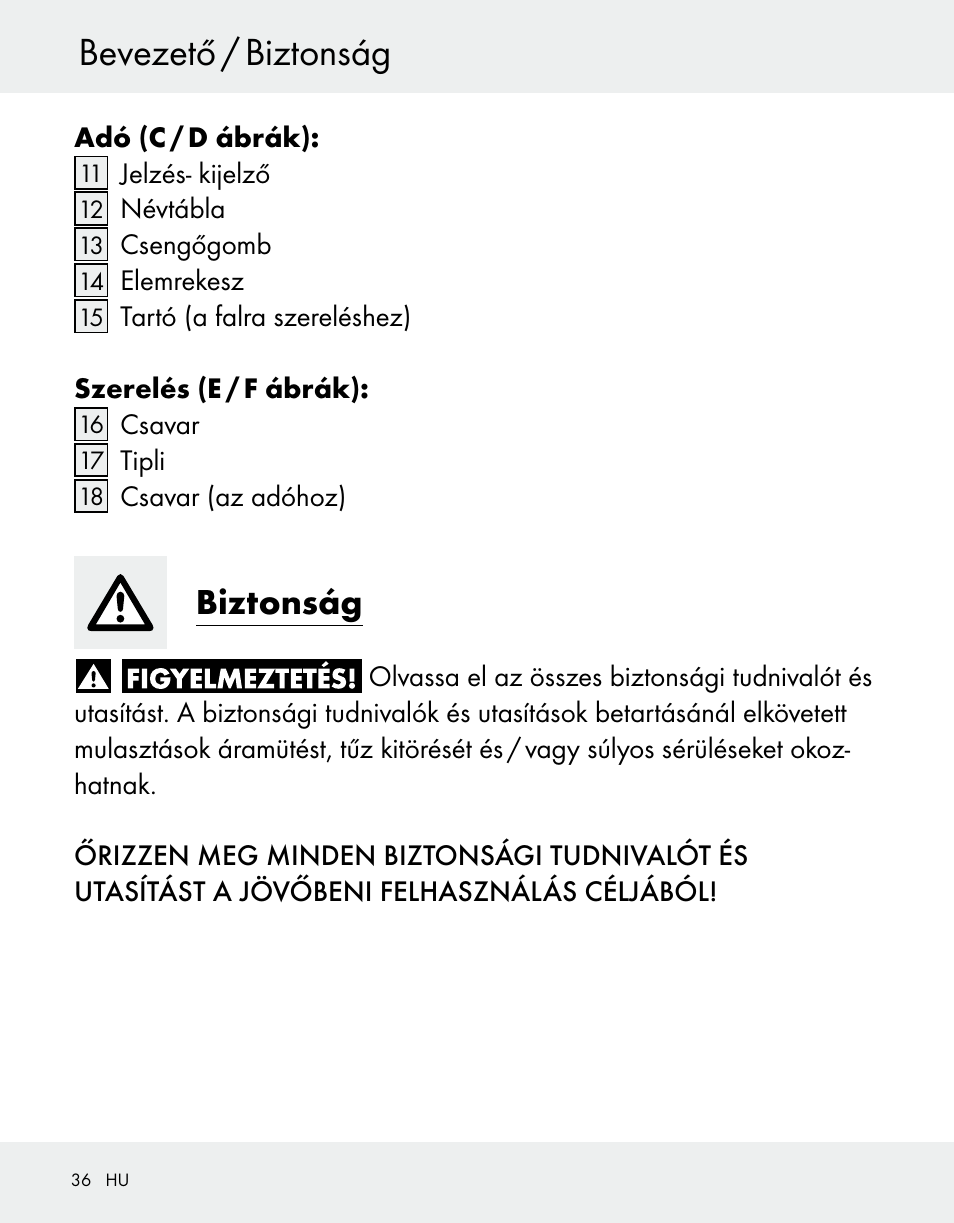 Bevezető / biztonság, Biztonság | Silvercrest Z31370A/Z31370B User Manual | Page 36 / 100