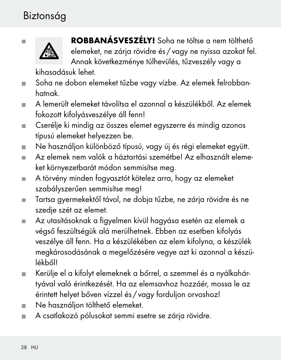 Biztonság | Silvercrest Z31370A/Z31370B User Manual | Page 38 / 100