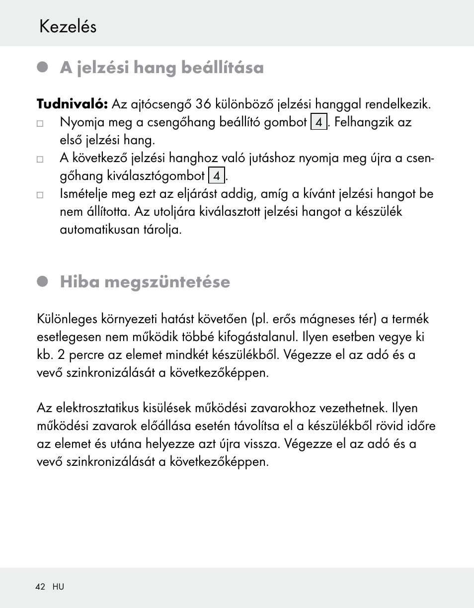Kezelés, A jelzési hang beállítása, Hiba megszüntetése | Silvercrest Z31370A/Z31370B User Manual | Page 42 / 100