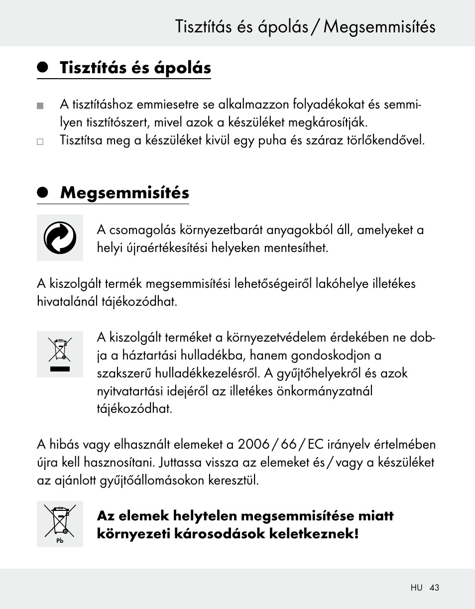 Tisztítás és ápolás / megsemmisítés, Tisztítás és ápolás, Megsemmisítés | Silvercrest Z31370A/Z31370B User Manual | Page 43 / 100