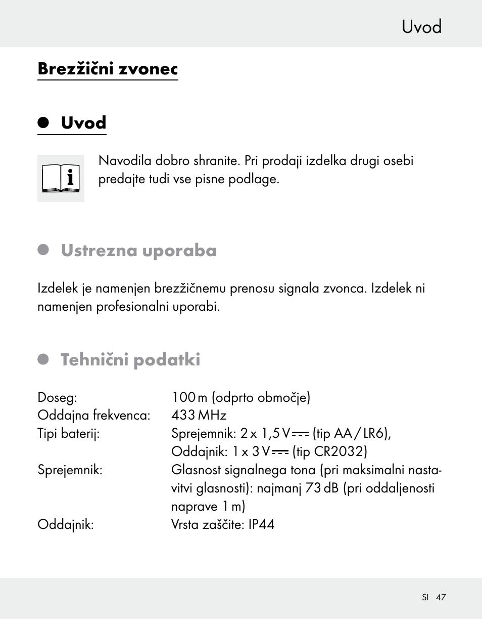 Brezžični zvonec, Uvod, Ustrezna uporaba | Tehnični podatki | Silvercrest Z31370A/Z31370B User Manual | Page 47 / 100