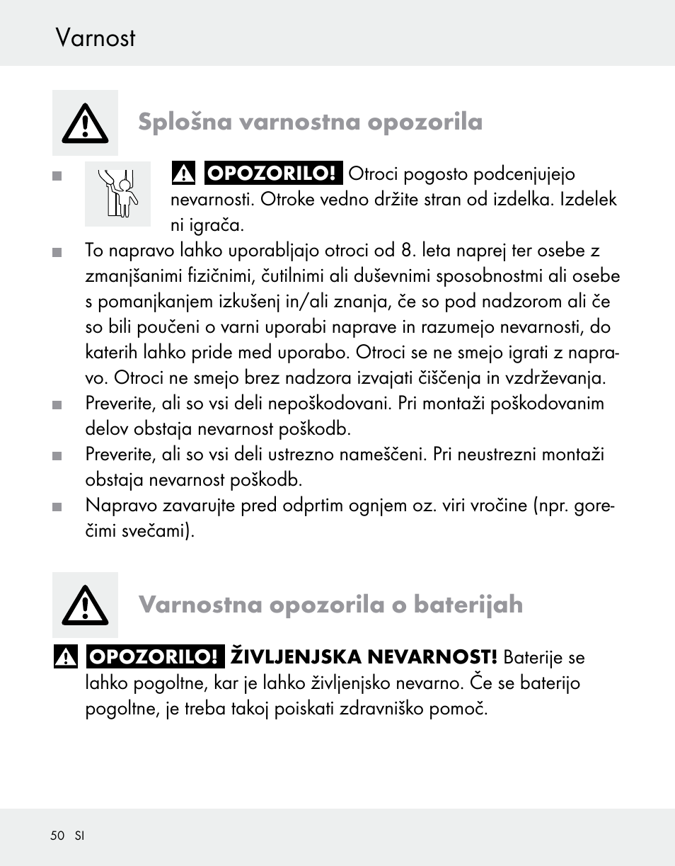 Varnost, Splošna varnostna opozorila, Varnostna opozorila o baterijah | Silvercrest Z31370A/Z31370B User Manual | Page 50 / 100