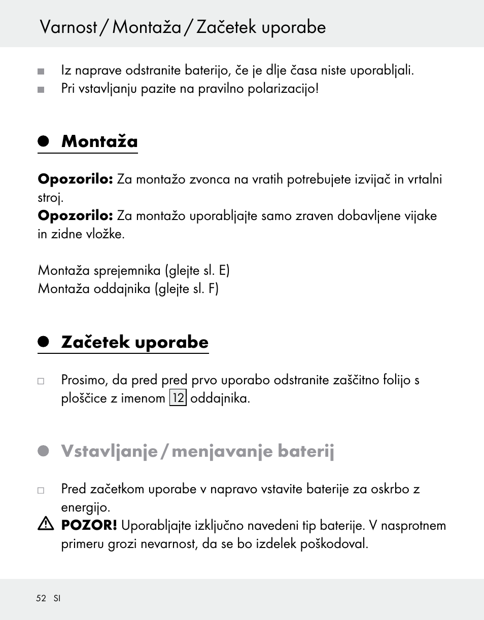 Varnost / montaža / začetek uporabe, Montaža, Začetek uporabe | Vstavljanje / menjavanje baterij | Silvercrest Z31370A/Z31370B User Manual | Page 52 / 100