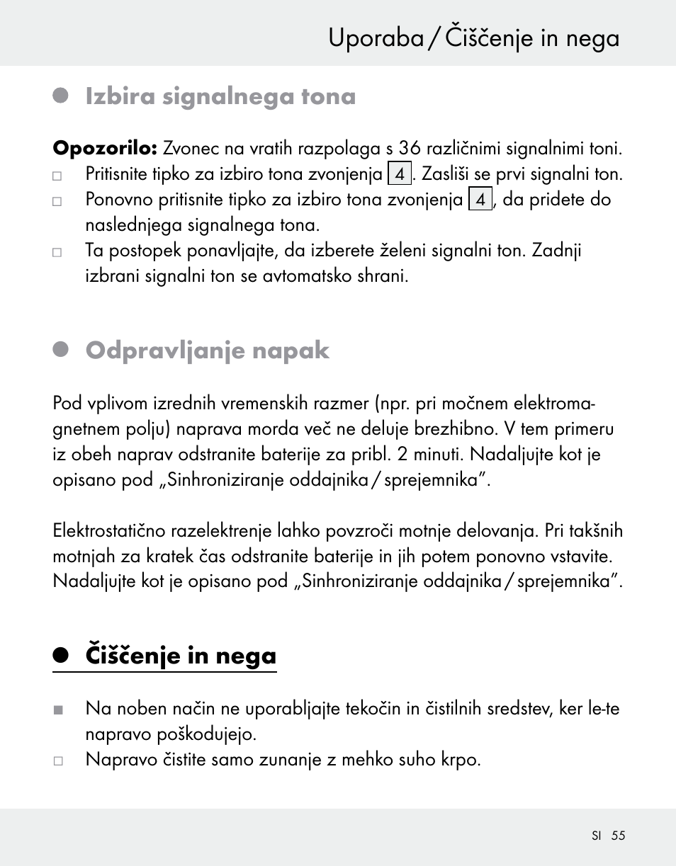 Uporaba / čiščenje in nega, Izbira signalnega tona, Odpravljanje napak | Čiščenje in nega | Silvercrest Z31370A/Z31370B User Manual | Page 55 / 100