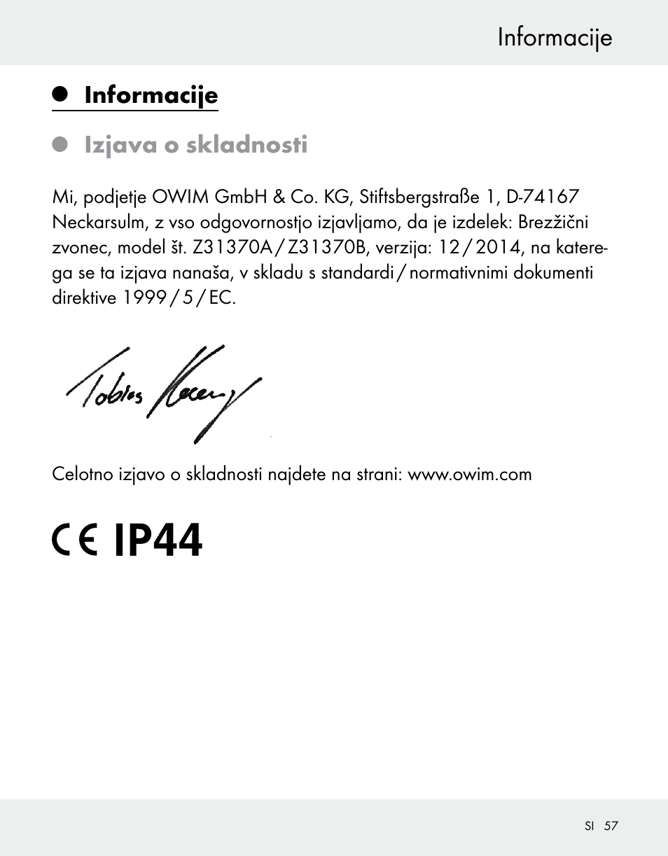 Informacije, Izjava o skladnosti | Silvercrest Z31370A/Z31370B User Manual | Page 57 / 100