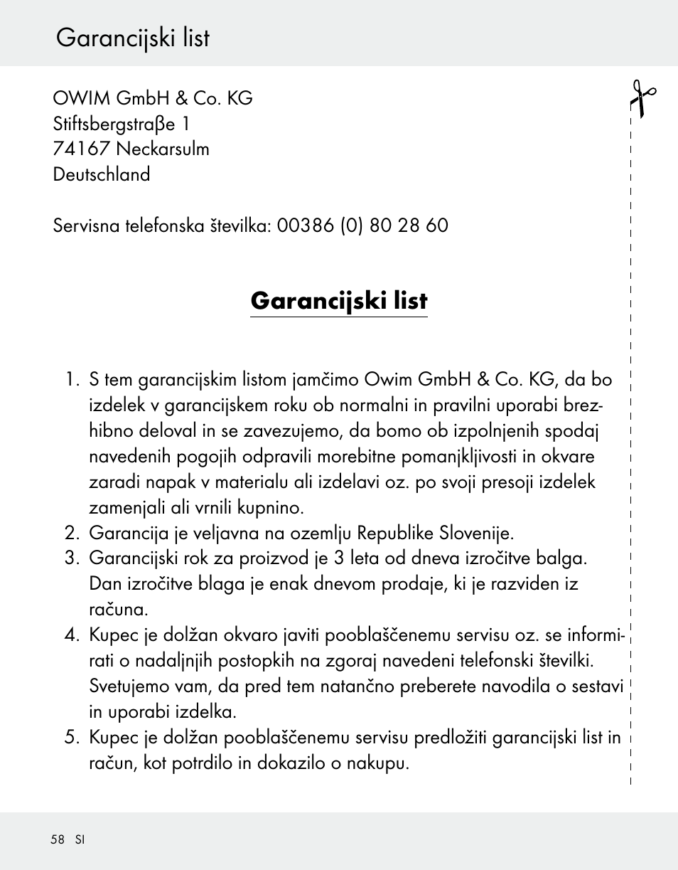 Garancijski list | Silvercrest Z31370A/Z31370B User Manual | Page 58 / 100