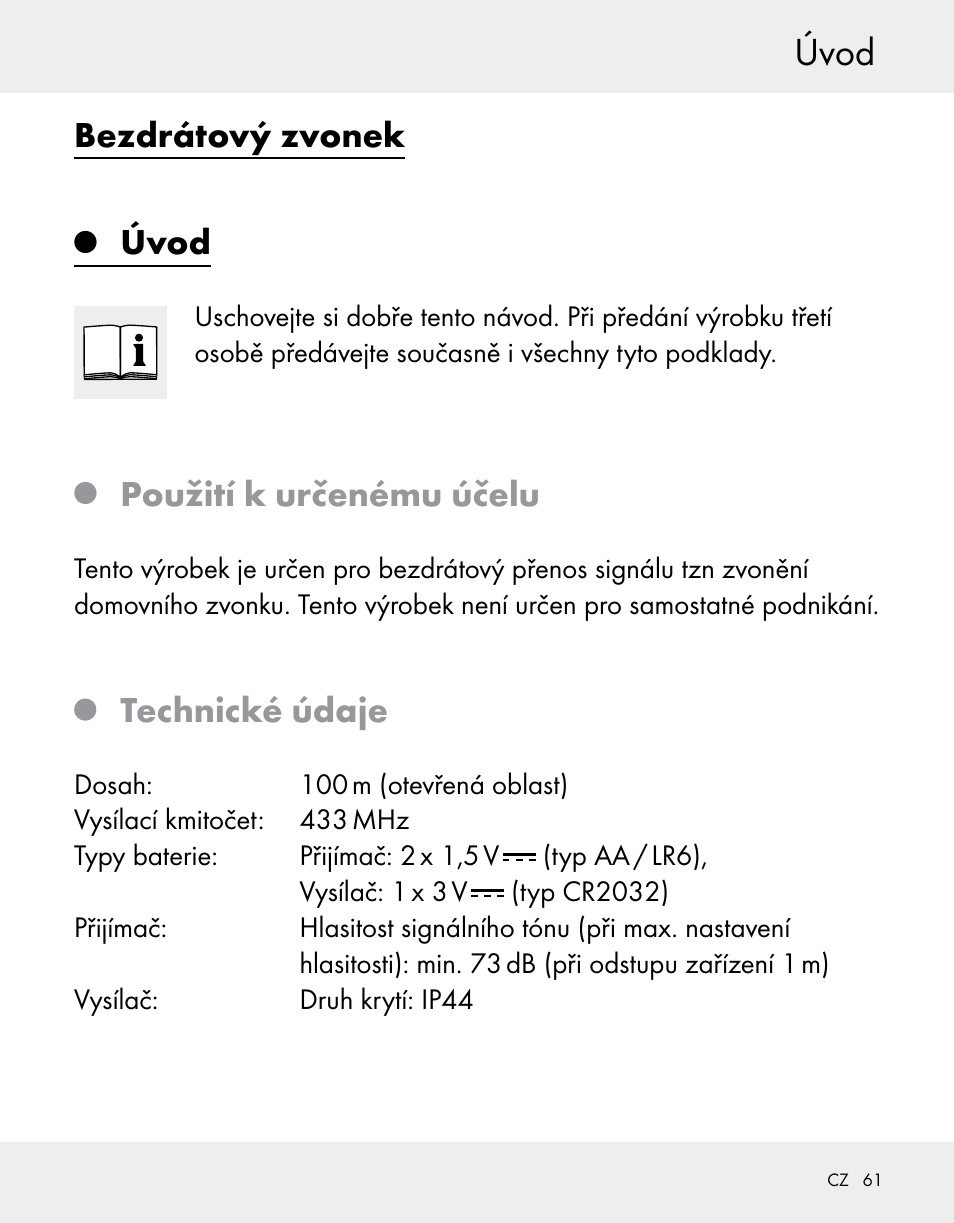 Bezdrátový zvonek, Úvod, Použití k určenému účelu | Technické údaje | Silvercrest Z31370A/Z31370B User Manual | Page 61 / 100