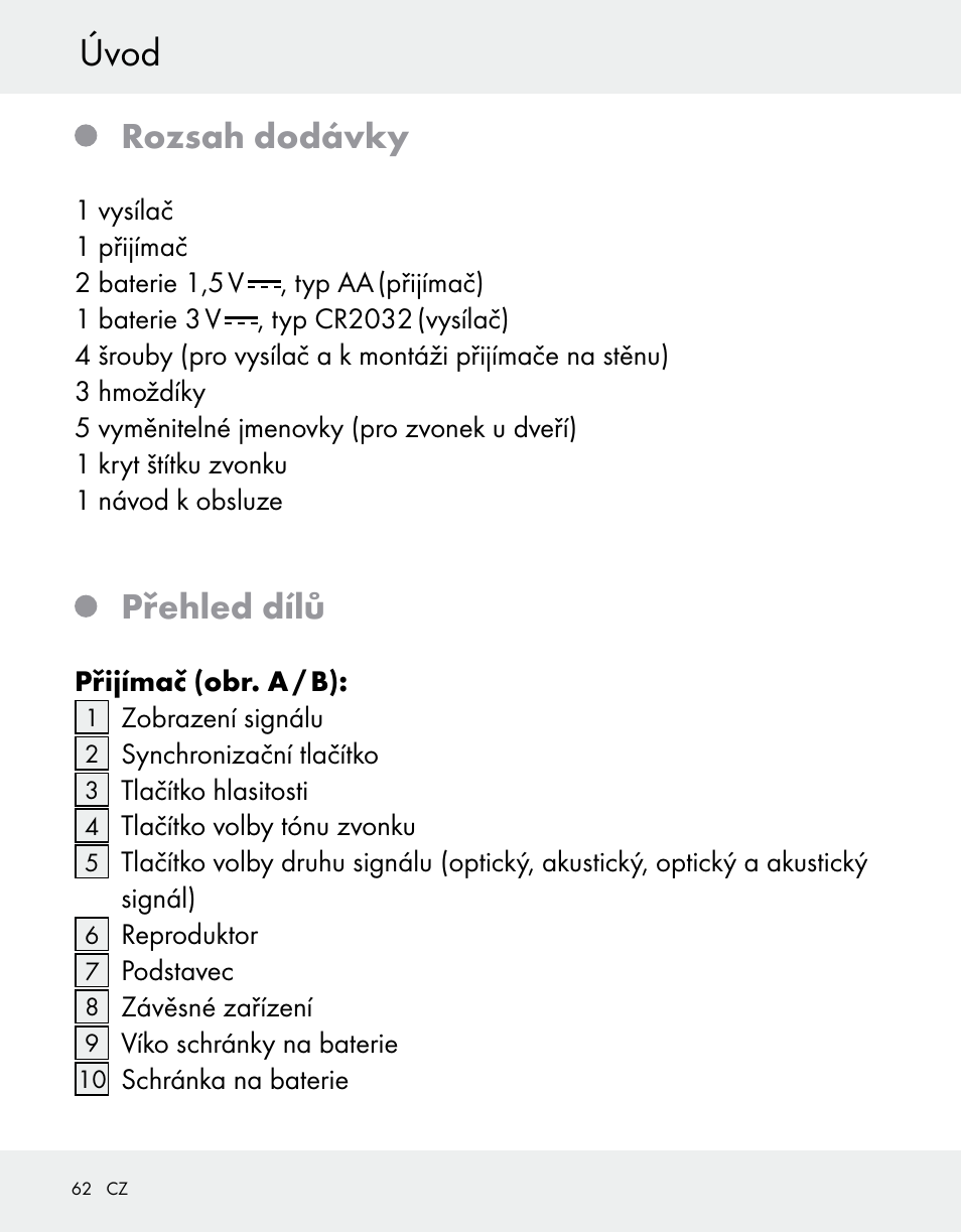 Úvod, Rozsah dodávky, Přehled dílů | Silvercrest Z31370A/Z31370B User Manual | Page 62 / 100