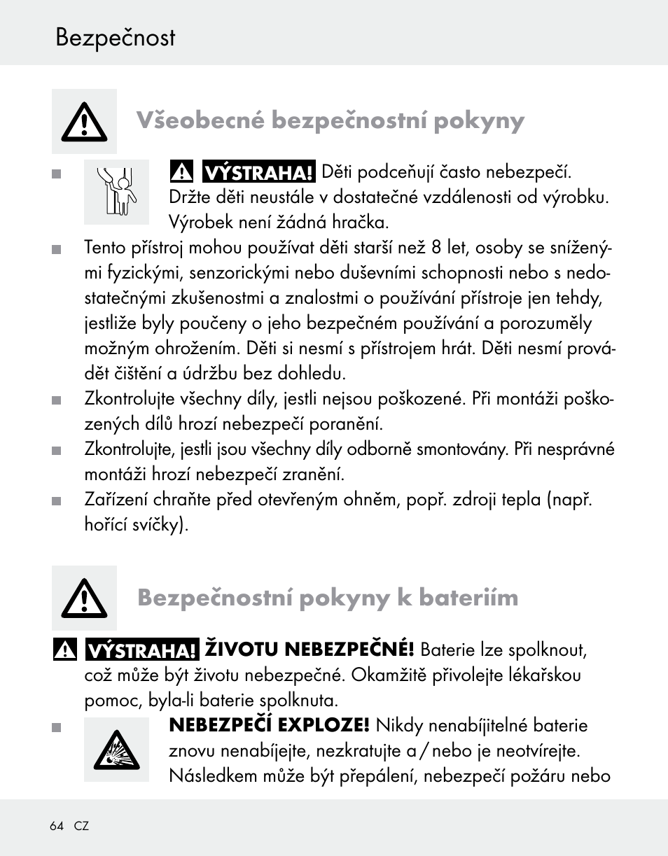 Bezpečnost, Všeobecné bezpečnostní pokyny, Bezpečnostní pokyny k bateriím | Silvercrest Z31370A/Z31370B User Manual | Page 64 / 100