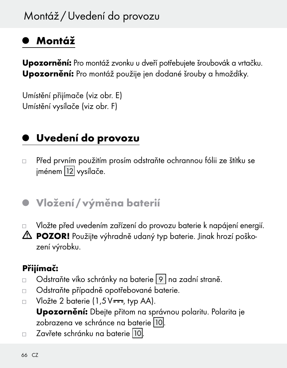 Montáž / uvedení do provozu, Montáž, Uvedení do provozu | Vložení / výměna baterií | Silvercrest Z31370A/Z31370B User Manual | Page 66 / 100