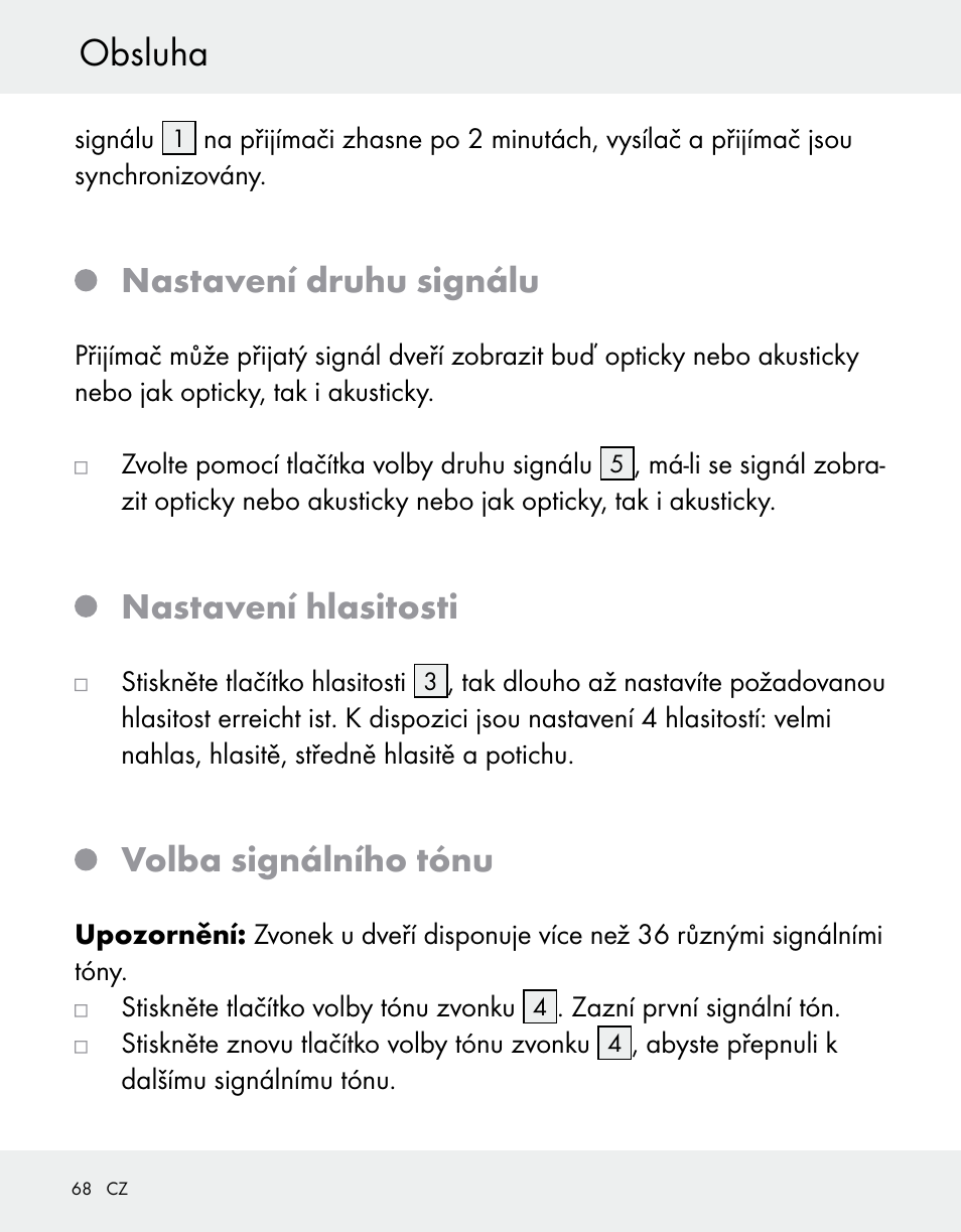 Obsluha, Nastavení druhu signálu, Nastavení hlasitosti | Volba signálního tónu | Silvercrest Z31370A/Z31370B User Manual | Page 68 / 100