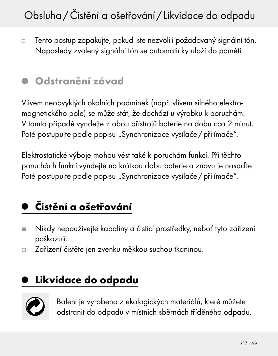 Odstranění závad, Čistění a ošetřování, Likvidace do odpadu | Silvercrest Z31370A/Z31370B User Manual | Page 69 / 100